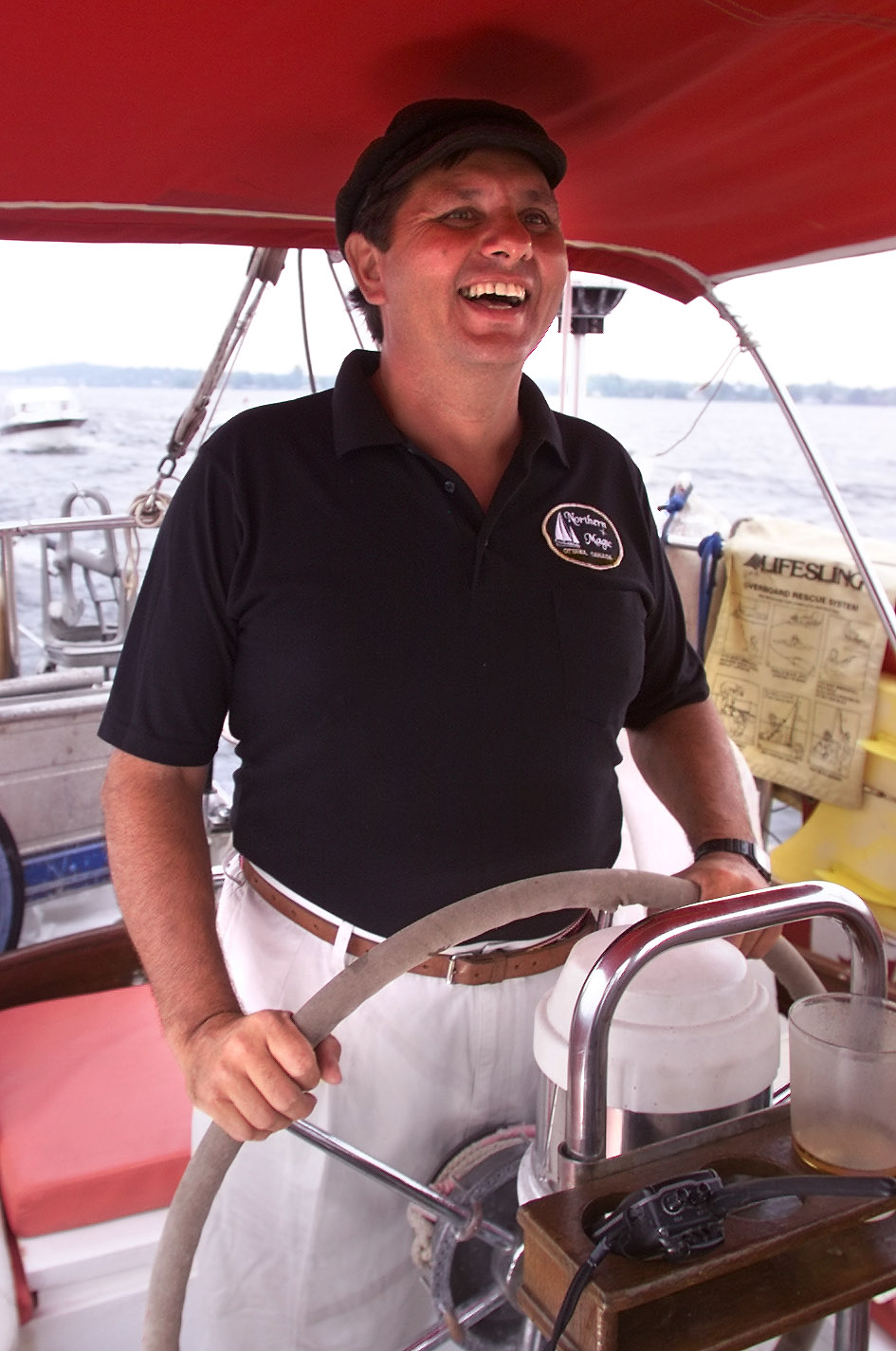 Ottawa-08/26/01-The Stuemers complete their 4 year odyssey to circumnavigate the world by arriving at Petrie Island near Orleans. Herbert Stuemer enjoys a chuckle after they leave the Papineauville Marina. Photo by WAYNE CUDDINGTON, THE OTTAWA CITIZEN (For CITY story by Bev Wake) ASSIGNMENT NUMBER 45898